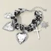 Fashnzfab Metal Heart Cross Pearl Paved Starbusrt Medal Charm Station Leopard Printed Fabric Chain Bracelet Bl In Multi