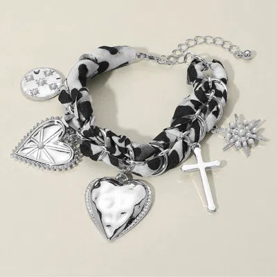 Fashnzfab Metal Heart Cross Pearl Paved Starbusrt Medal Charm Station Leopard Printed Fabric Chain Bracelet Bl In Multi
