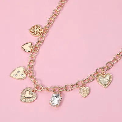 Fashnzfab Metal Heart Cross Stone Charm Station Necklace In Multi