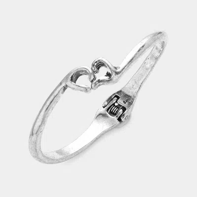 Fashnzfab Metal Heart Hands Hinged Bangle Bracelet - Silver Burnished