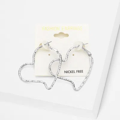 Fashnzfab Metal Heart Hoop Earrings - Rhodium In Metallic
