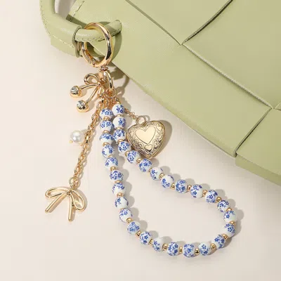 Fashnzfab Metal Heart Locket Bow Cherry Pearl Charm Floral Ceramic Ball Beaded Wristlet Keychain / Bag Charm In Multi