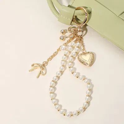 Fashnzfab Metal Heart Locket Bow Cherry Pearl Charm Floral Ceramic Ball Beaded Wristlet Keychain / Bag Charm In Multi
