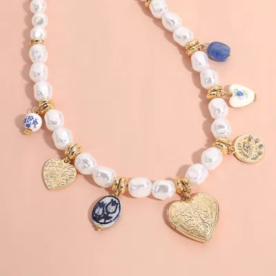 Fashnzfab Metal Heart Locket Ceramic Ball Heart Evil Eye Charm Station Pearl Necklace In Gold