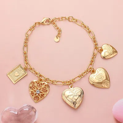 Fashnzfab Metal Heart Locket Charm Station Paperclip Chain Bracelet Clear, Gold In Multi