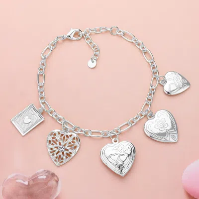 Fashnzfab Metal Heart Locket Charm Station Paperclip Chain Bracelet Clear, Rhodium In Multi