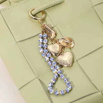 Fashnzfab Metal Heart Locket Cowboy Boot Hat Charm Floral Ceramic Ball Beaded Wristlet Keychain / Bag Charm In Multi