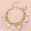 Fashnzfab Metal Heart Locket Pearl Charm Station Paperclip Chain Bracelet Cream, Gold In Multi