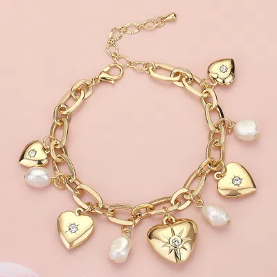 Fashnzfab Metal Heart Locket Pearl Charm Station Paperclip Chain Bracelet Cream, Gold In Multi