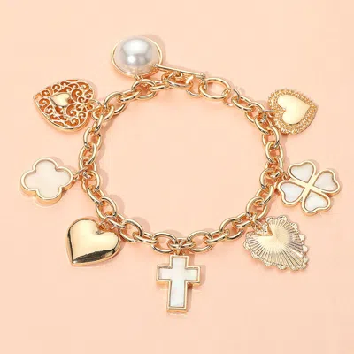 Fashnzfab Metal Heart Pearl Clover Cross Charm Station Bracelet Gold