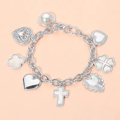 Fashnzfab Metal Heart Pearl Clover Cross Charm Station Bracelet Silver