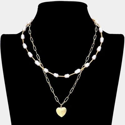 Fashnzfab Metal Heart Pendant Freshwater Pearl Link Double Layered Necklace In Gold