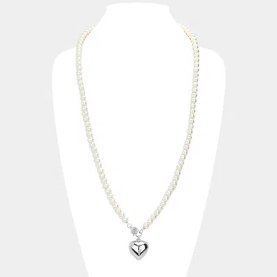 Fashnzfab Metal Heart Pendant Pearl Long Necklace In Multi