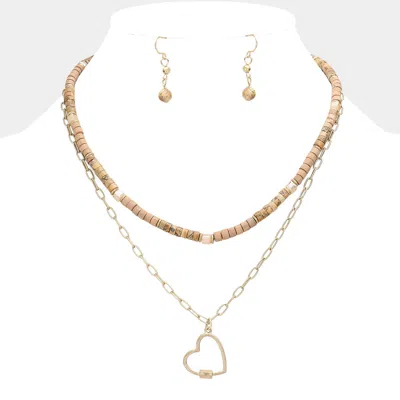 Fashnzfab Metal Heart Pendant Wood Natural Stone Double Layered Necklace In Gold
