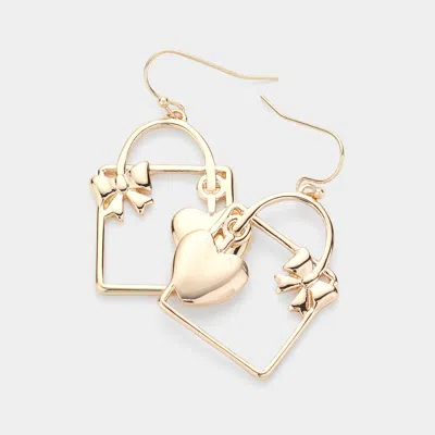 Fashnzfab Metal Heart Ribbon Gift Box Dangle Earrings In Gold