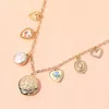 Fashnzfab Metal Heart Round Locket Pearl Bezel Heart Stone Flower Printed Ceramic Heart Charm Station Necklace In Multi