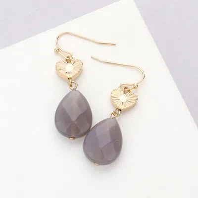 Fashnzfab Metal Heart Teardrop Natural Stone Link Dangle Earrings - Gray