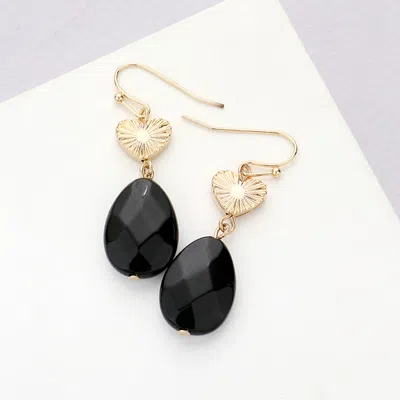 Fashnzfab Metal Heart Teardrop Natural Stone Link Dangle Earrings - Jet Black In Gold