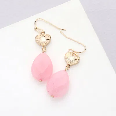 Fashnzfab Metal Heart Teardrop Natural Stone Link Dangle Earrings - Pink