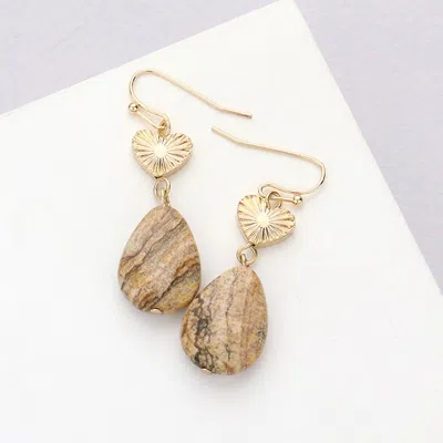 Fashnzfab Metal Heart Teardrop Natural Stone Link Dangle Earrings In Brown