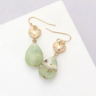 Fashnzfab Metal Heart Teardrop Natural Stone Link Dangle Earrings In Green