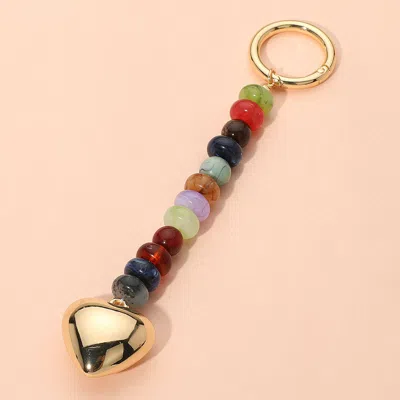 Fashnzfab Metal Heart Tip Pointed Colorful Resin Round Beaded Bag Charm / Keychain In Gold