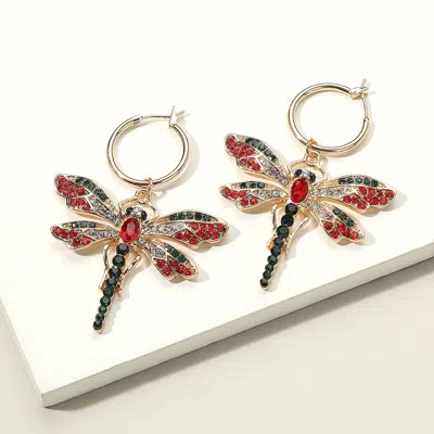 Fashnzfab Metal Hoop Rhinestone Embellished Dragonfly Dangle Pin Catch Earrings - Gold, Multi