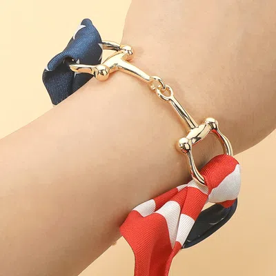 Fashnzfab Metal Horsebit Accent American Usa Flag Silky Fabric Scarf Bracelet In Silver