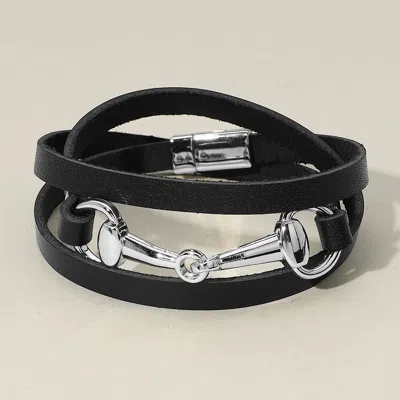 Fashnzfab Metal Horsebit Clasp Accent Faux Leather Wrap Magnetic Bracelet Black, Rhodium In Multi
