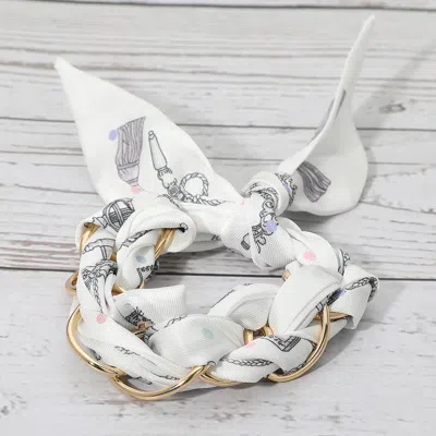 Fashnzfab Metal Interlocking Ring Fabric Bandana Scarf Adjustable Bracelet In White