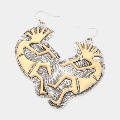 Fashnzfab Metal Kokopelli Flute Player Dangle Earrings - Two Tone In Gold
