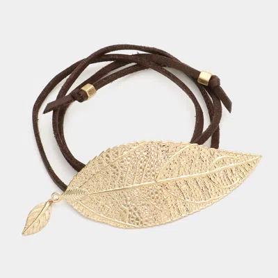 Fashnzfab Metal Leaf Accented Faux Leather Wrap Bracelet / Choker Necklace Gold
