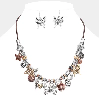 Fashnzfab Metal Leaf Butterfly Leaf Sunflower Pendant Cluster Necklace In Silver