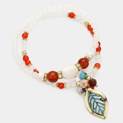 Fashnzfab Metal Leaf Pendant Natural Stone Beads Accented Glass Beaded Stretch Bracelet Ivory In Multi