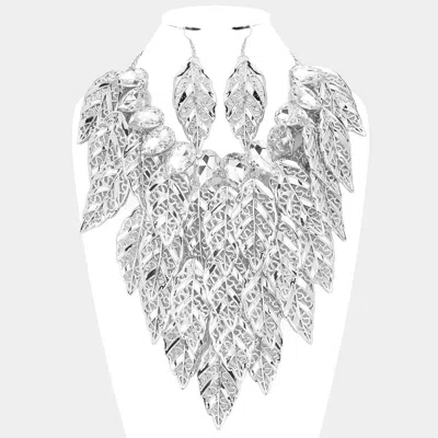 Fashnzfab Metal Leaves Stone Embellished Statement Necklace In Silver