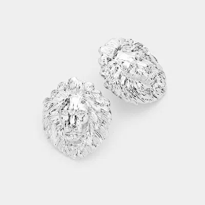 Fashnzfab Metal Lion Stud Earrings 1" X 1.2" In White