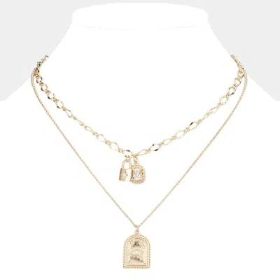 Fashnzfab Metal Lock Evil Eye Pendant Double Layered Necklace In Gold