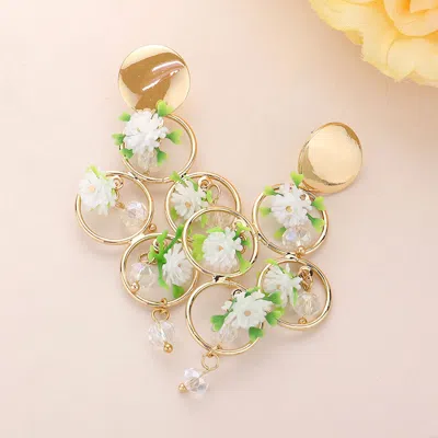 Fashnzfab Metal Open Circle Flower Dangle Earrings - Ivory In Gold