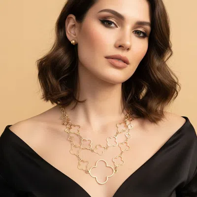 Fashnzfab Metal Open Quarefoil Link Layered Oversized Statement Necklace In Pink