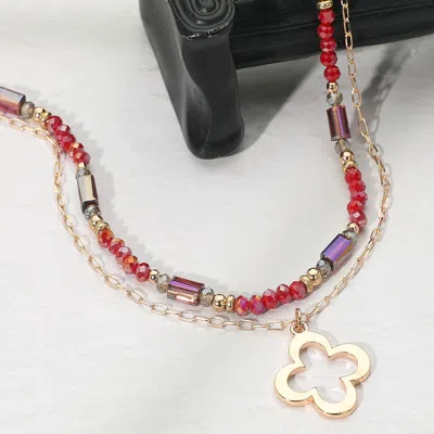 Fashnzfab Metal Open Quatrefoil Pendant Faceted Beaded Layered Necklace In Gold