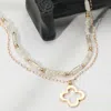 Fashnzfab Metal Open Quatrefoil Pendant Faceted Beaded Layered Necklace In Gold