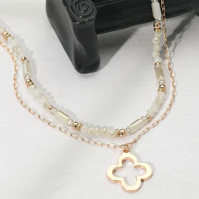 Fashnzfab Metal Open Quatrefoil Pendant Faceted Beaded Layered Necklace In Gold