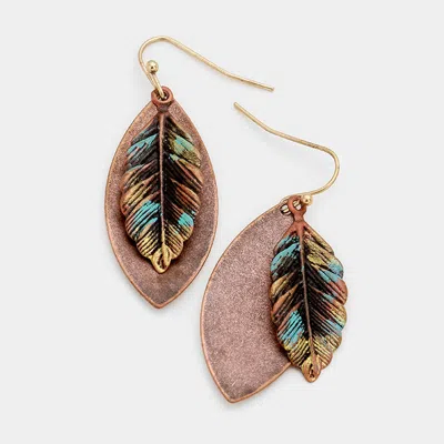 Fashnzfab Metal Oval Leaf Dangle Earrings - Copper Burnished, Multi