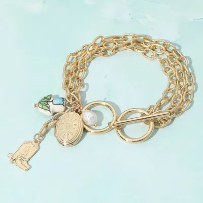 Fashnzfab Metal Oval Locket Western Boot Pearl Ceramic Tulip Charm Layered Chain Toggle Bracelet Blue, Gold In Multi