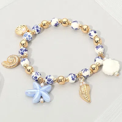 Fashnzfab Metal Pearl Sea Shell Ceramic Starfish Charm Floral Ball Beaded Stretch Bracelet - Blue, Gold