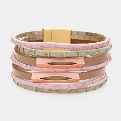 Fashnzfab Metal Pendant Pointed Faux Leather Magnetic Bracelet Rose Gold In Pink