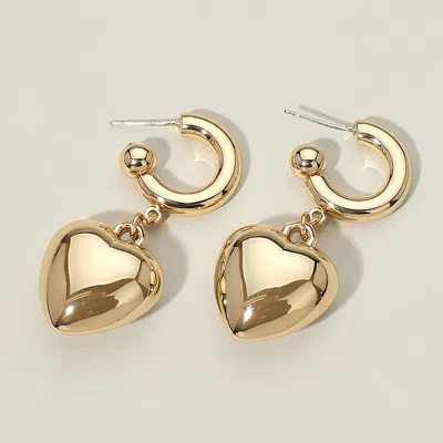 Fashnzfab Metal Puffy Heart Drop Hoop Earrings In Gold