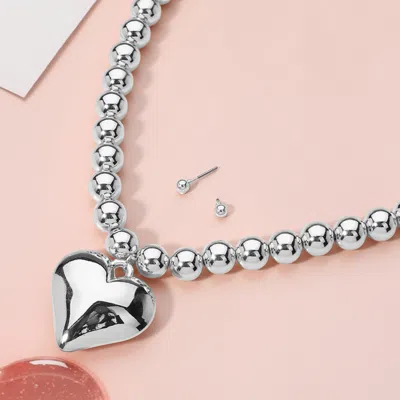 Fashnzfab Metal Puffy Heart Pendant Ball Beaded Necklace In Multi