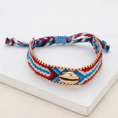 Fashnzfab Metal Puka Shell Pointed Aztec Pattern Threaded Adjustable Cinch Pull Tie Bracelet Blue, Multi