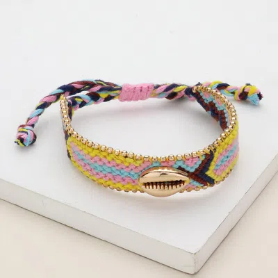 Fashnzfab Metal Puka Shell Pointed Aztec Pattern Threaded Adjustable Cinch Pull Tie Bracelet Multi, Yellow